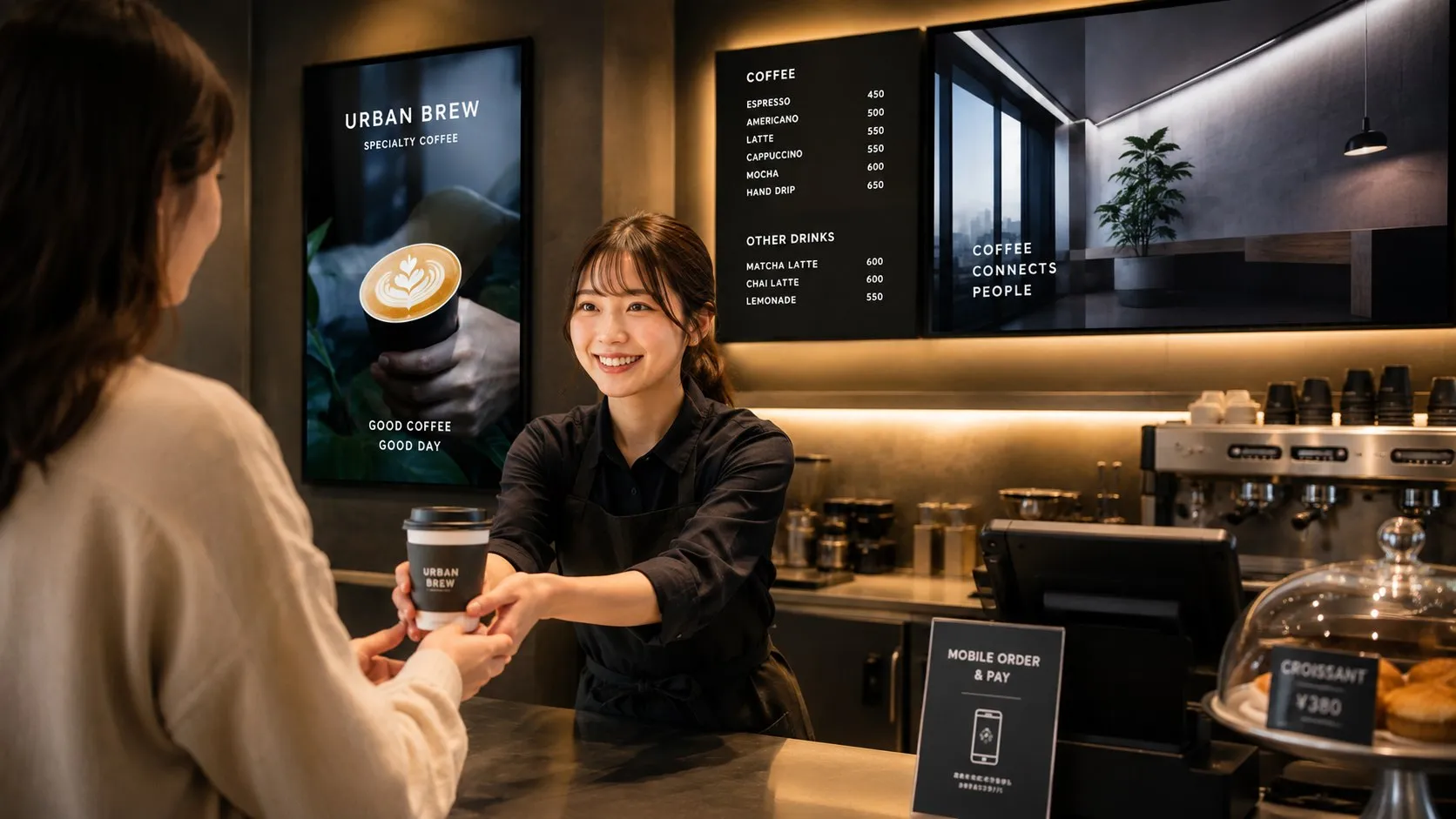 カフェの店頭で、デジタルサイネージがメニューや季節のキャンペーンを表示しているシーン
