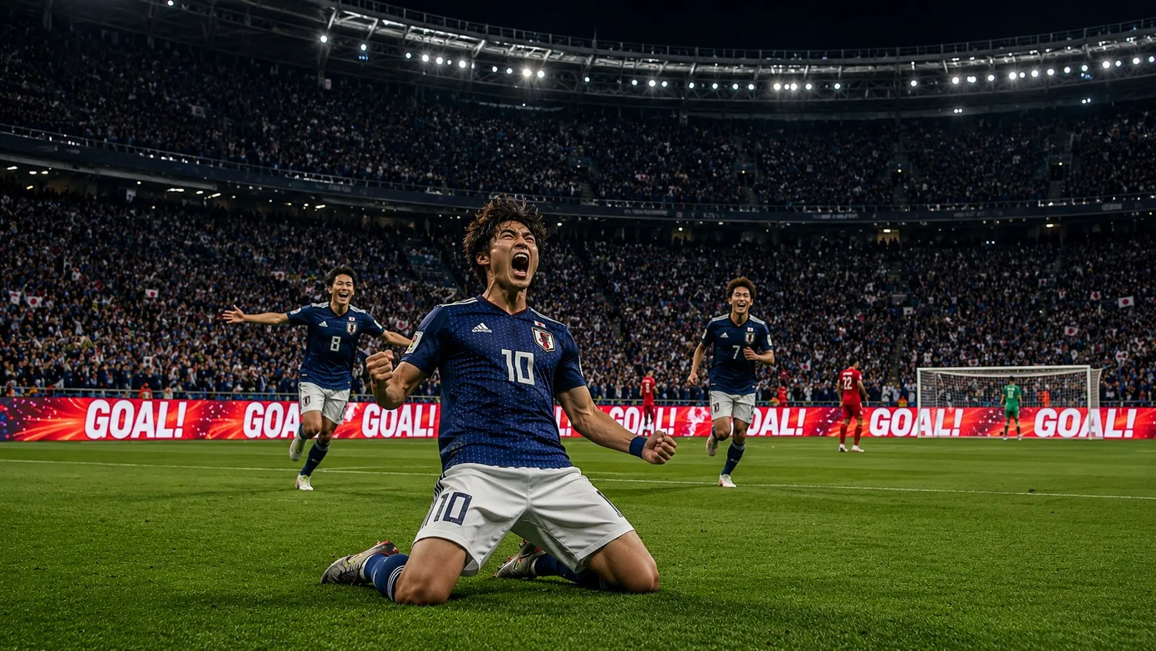 サッカー競技場で、ピッチ脇のペリメーターLEDサイネージに「GOAL!」が表示され、選手たちが歓喜しているシーン